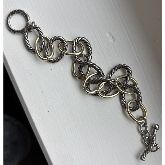 Mixed Metal Silver‎ & Gold Link Bracelet With Toggle Clasp - Size 8”-9” Long - Picture 7 of 10
